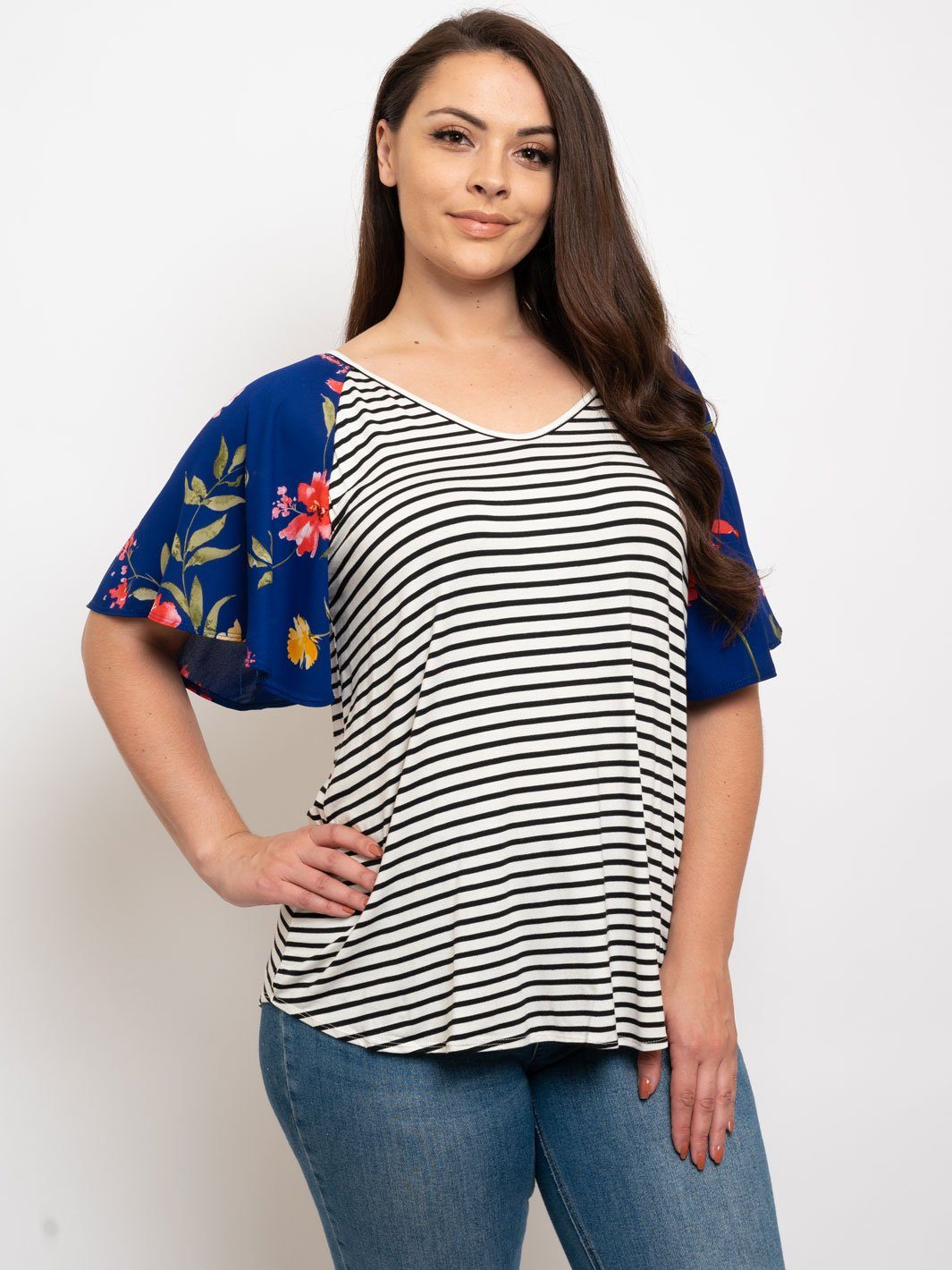 PLUS SIZE STRIPES WITH FLORAL SLEEVES TOP