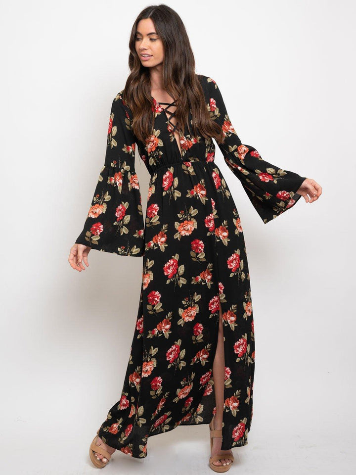 WOMEN'S FLORAL BUBBLE CREPE LONG BELL SLEEVES LACE UP MAXI DRESS