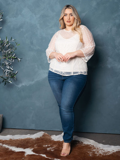 PLUS SIZE RUFFLE 3/4 SLEEVES LACE TOP