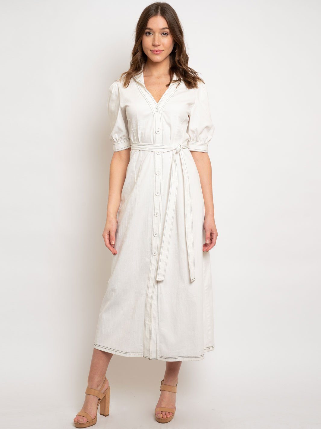 WOMEN'S CONTRAST STITCH SHORT SLEEVE BUTTON DOWN LONG DRESS