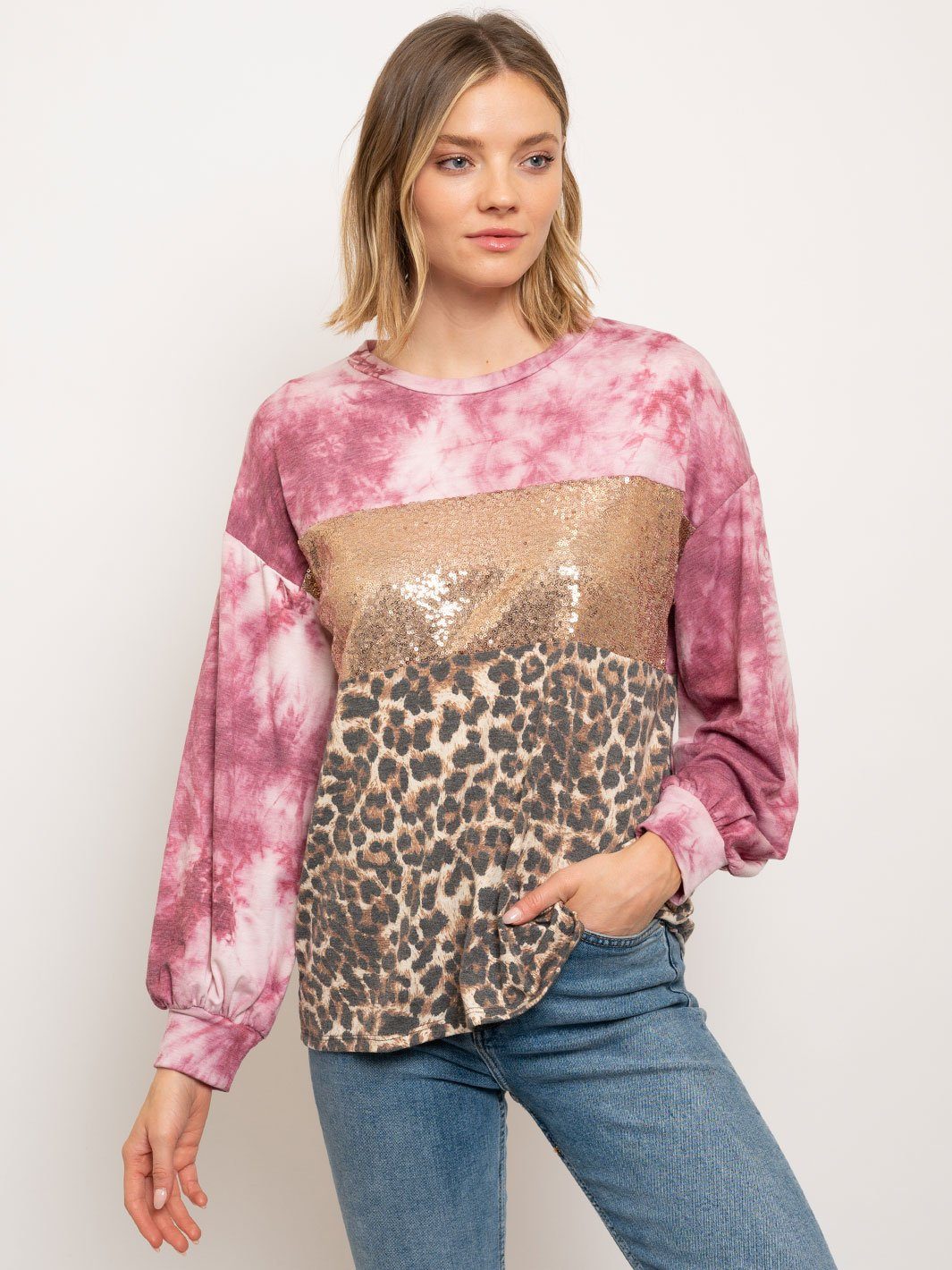 WOMEN'S MULTI PRINT PUFF SLEEVE TOP