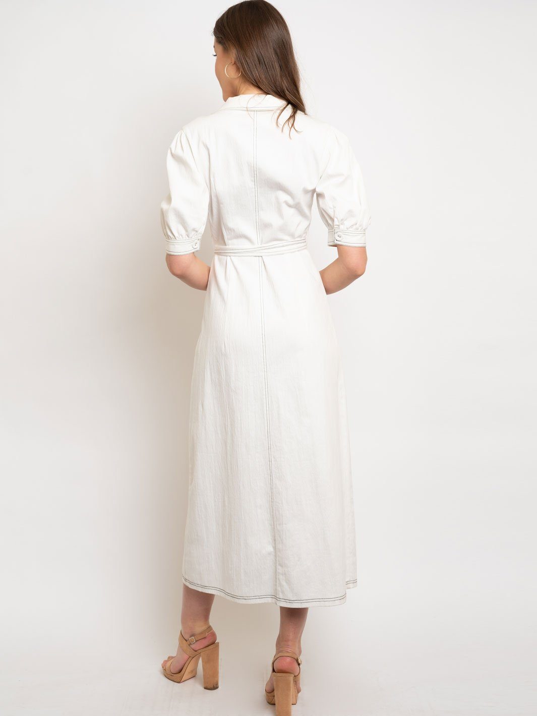 WOMEN'S CONTRAST STITCH SHORT SLEEVE BUTTON DOWN LONG DRESS