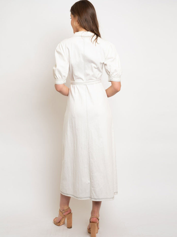 WOMEN'S CONTRAST STITCH SHORT SLEEVE BUTTON DOWN LONG DRESS
