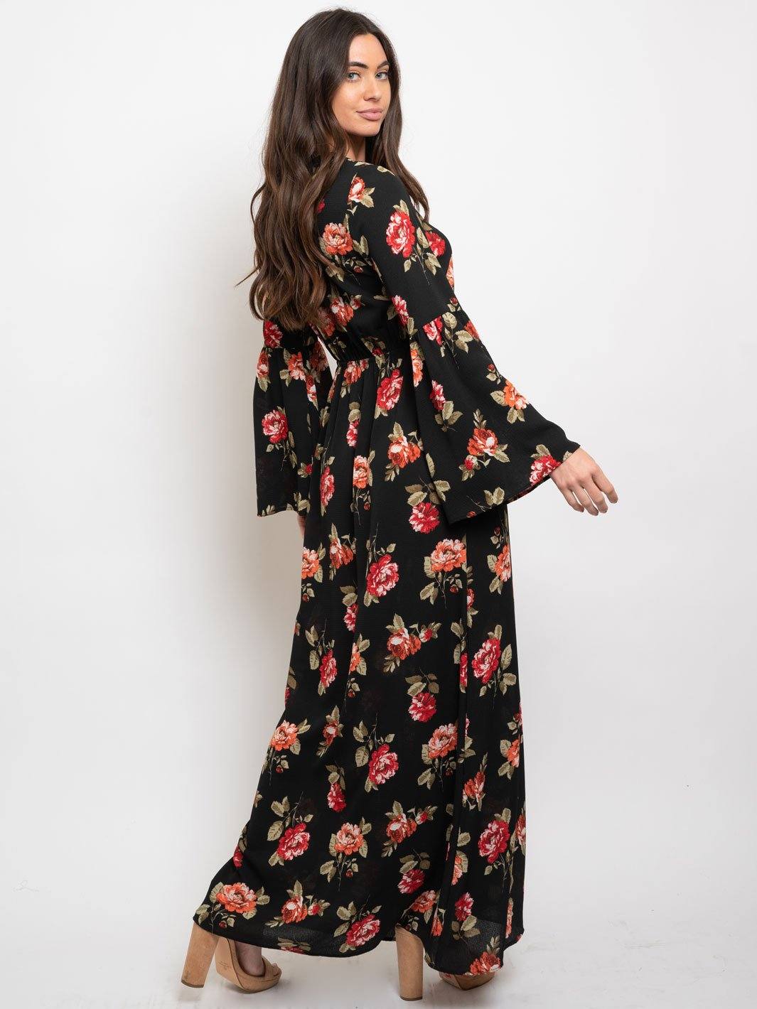 WOMEN'S FLORAL BUBBLE CREPE LONG BELL SLEEVES LACE UP MAXI DRESS