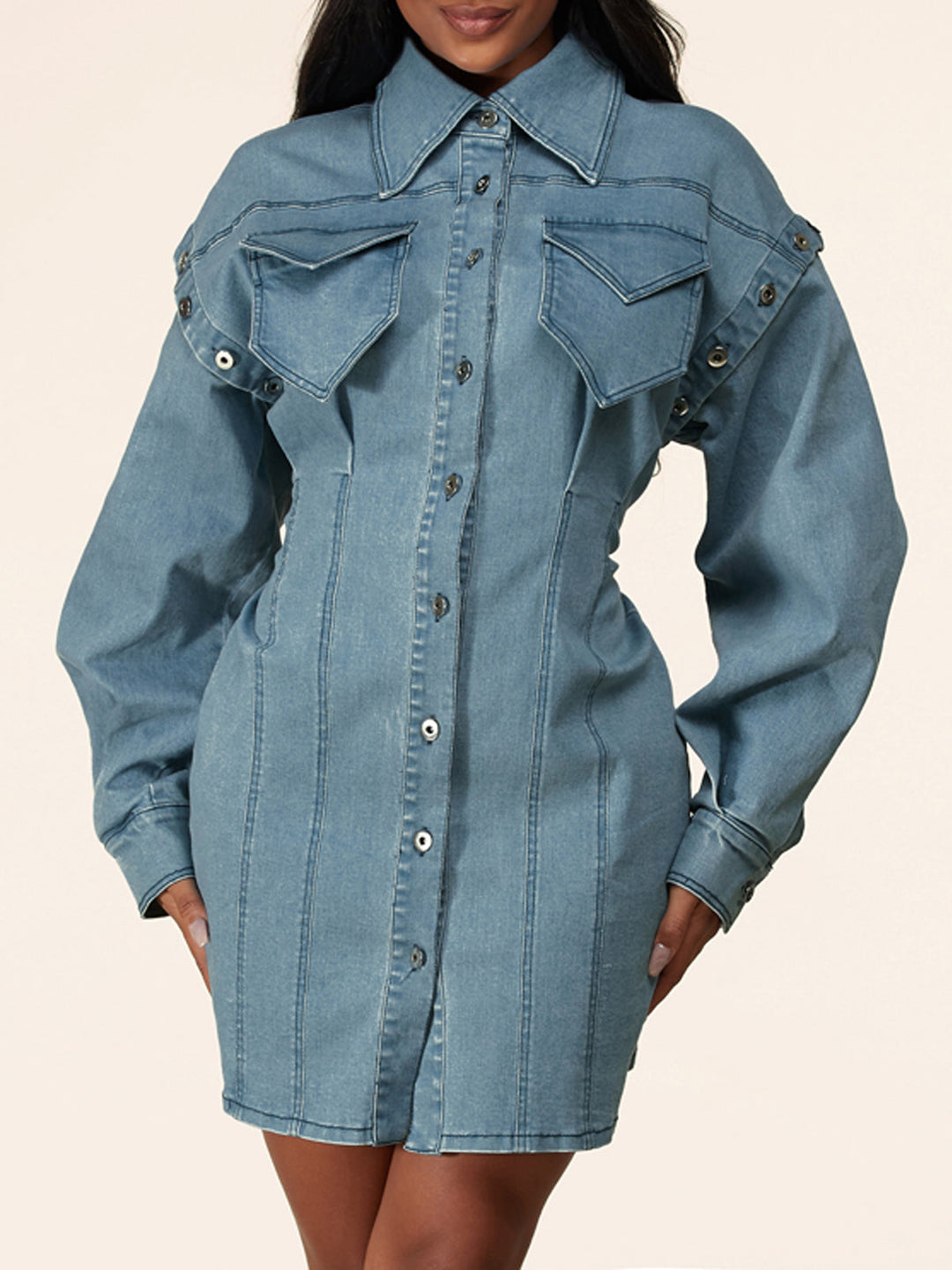 WOMEN'S LONG SLEEVE DENIM BUTTON UP FRONT POCKETS MINI DRESS