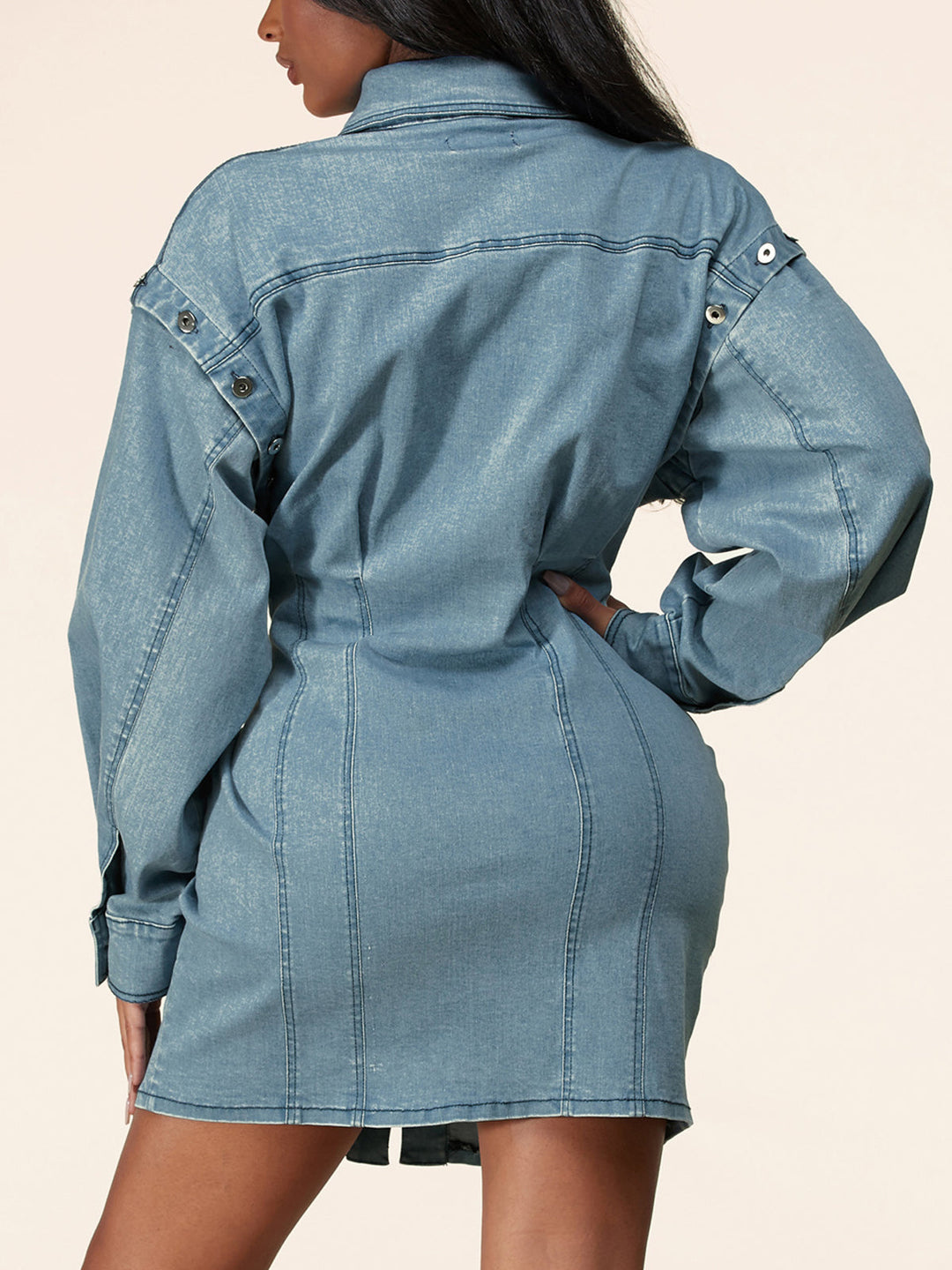 WOMEN'S LONG SLEEVE DENIM BUTTON UP FRONT POCKETS MINI DRESS