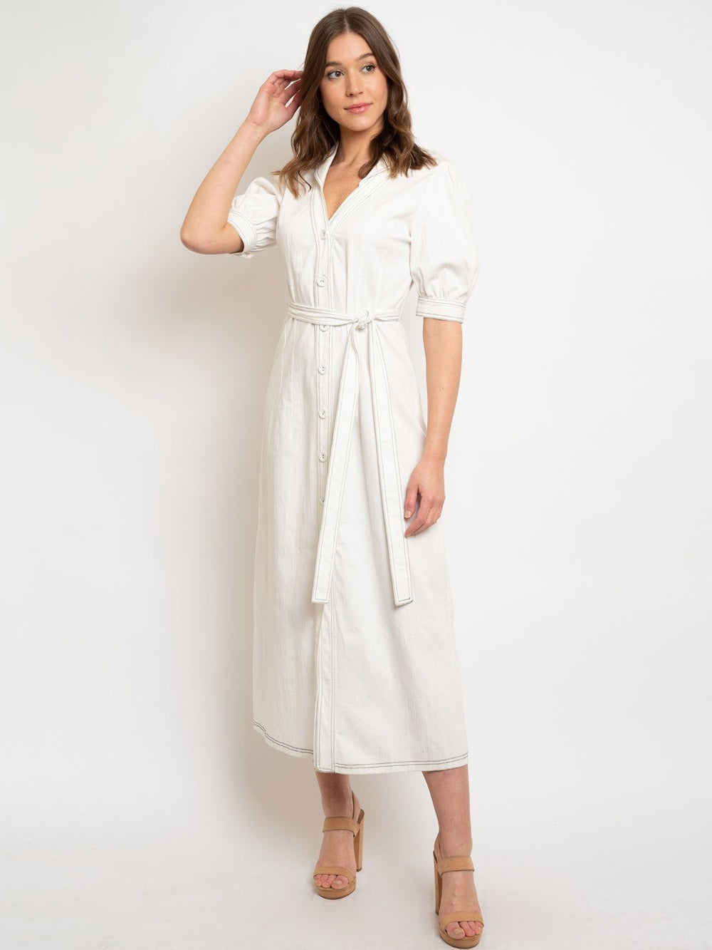 WOMEN'S CONTRAST STITCH SHORT SLEEVE BUTTON DOWN LONG DRESS