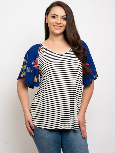 PLUS SIZE STRIPES WITH FLORAL SLEEVES TOP