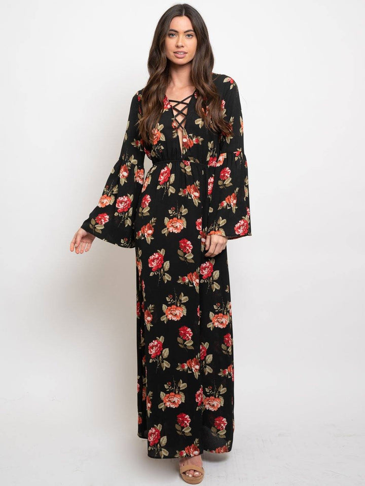 WOMEN'S FLORAL BUBBLE CREPE LONG BELL SLEEVES LACE UP MAXI DRESS