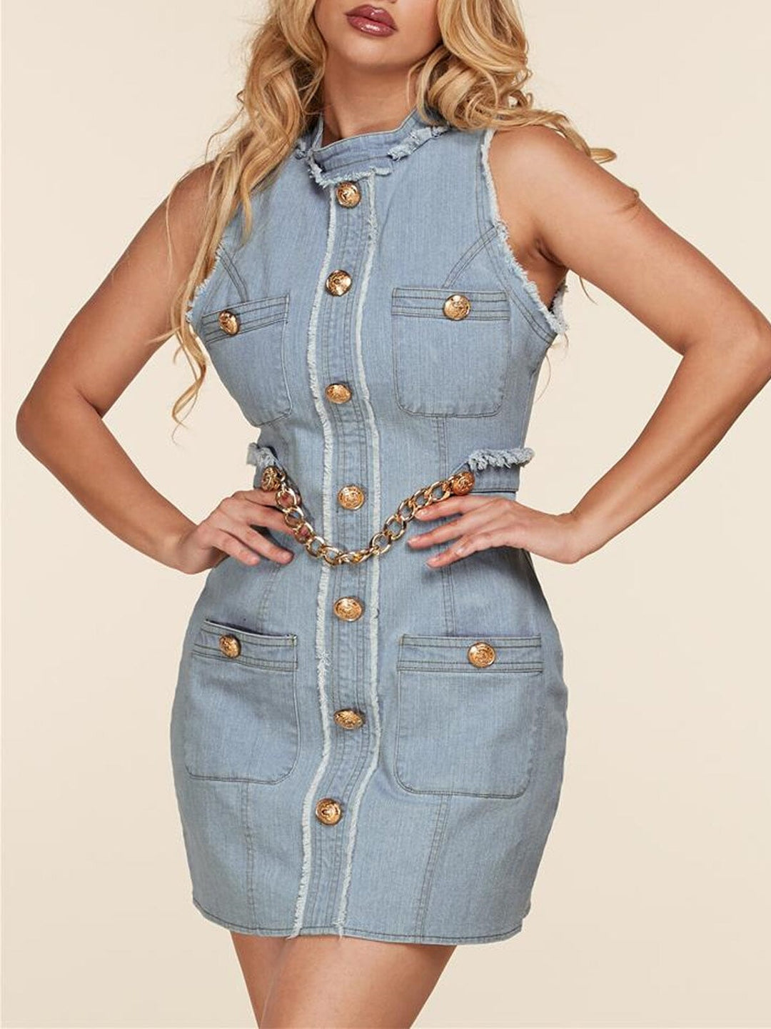 WOMEN'S SLEEVELESS MOCK NECK DENIM WASHED MINI DRESS