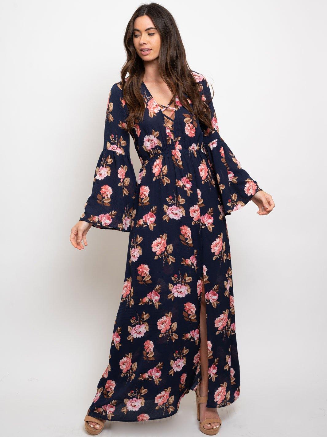 WOMEN'S FLORAL BUBBLE CREPE LONG BELL SLEEVES LACE UP MAXI DRESS