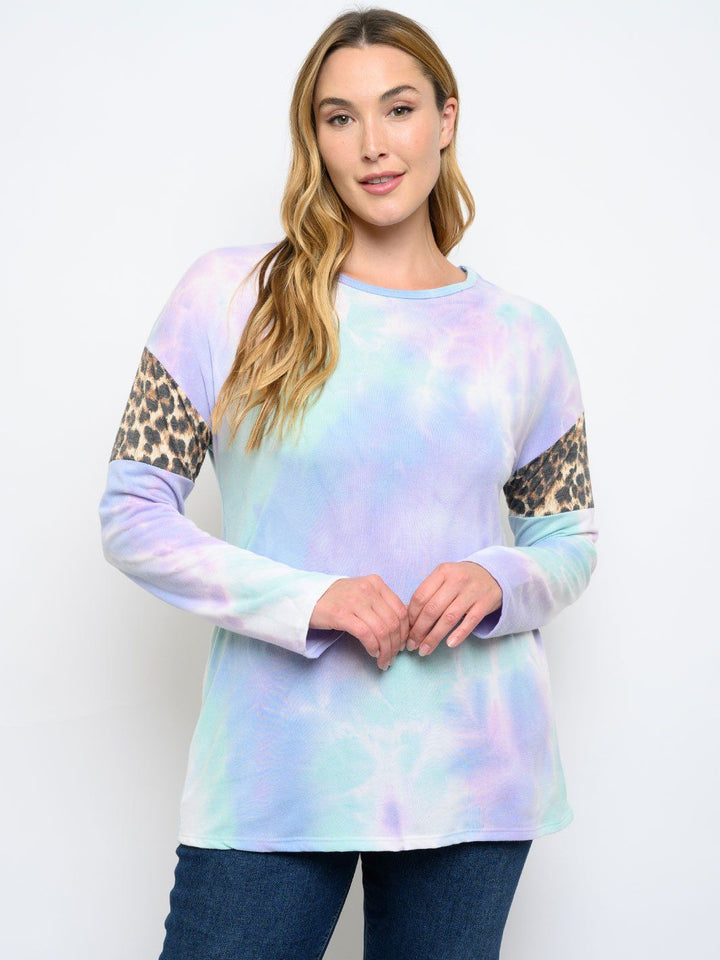 PLUS SIZE TIE DYE ANIMAL PRINT LONG SLEEVE TOP