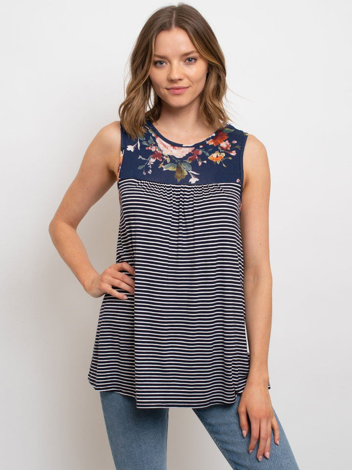 WOMEN'S SLEEVELESS TUNIC FLORAL PIN STRIPES TOP