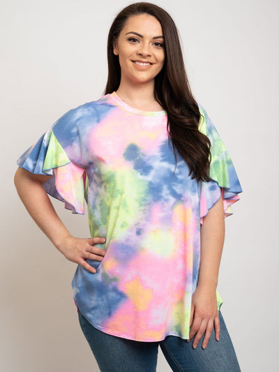 PLUS SIZE TIE DYE RUFFLE SLEEVES TOP