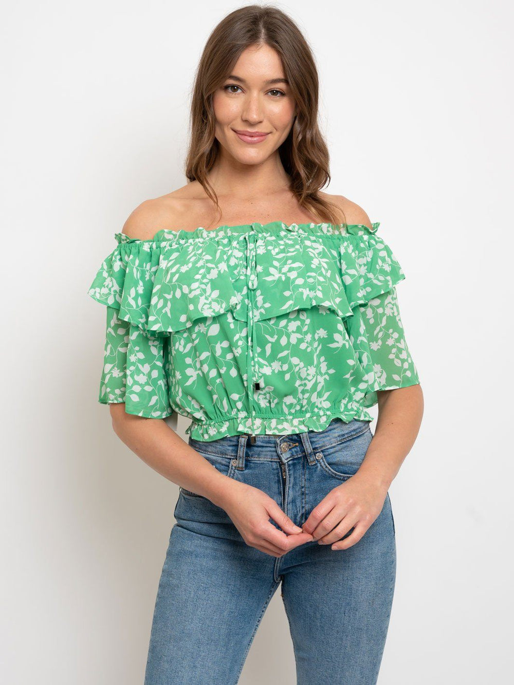 WOMEN'S OFF SHOULDER RUFFLED FLORAL TOP