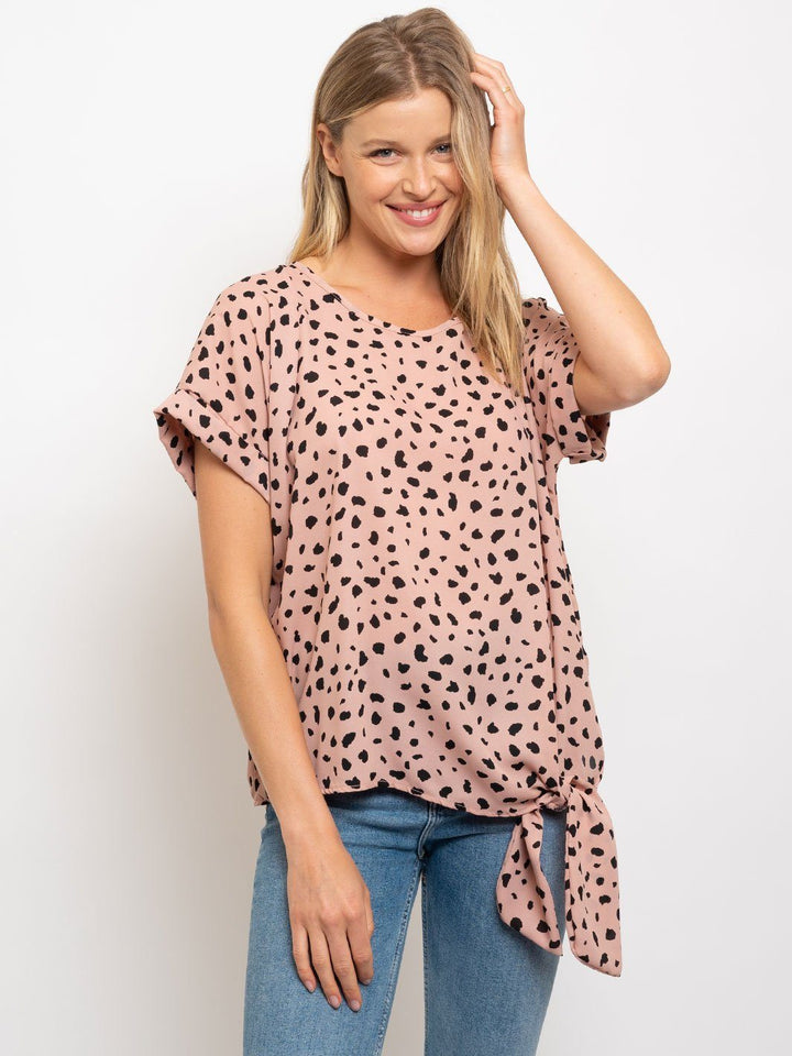 WOMEN'S ANIMAL PRINT SIDE TIE SHORT SLEEVE TOP
