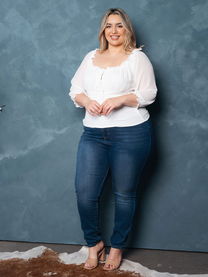 PLUS SIZE 3/4 SLEEVE SMOCK FRONT TIE TOP