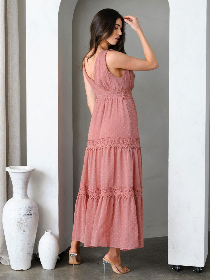 WOMEN'S SLEEVELESS V-NECK TIERED SWISS DOTS MAXI DRESS