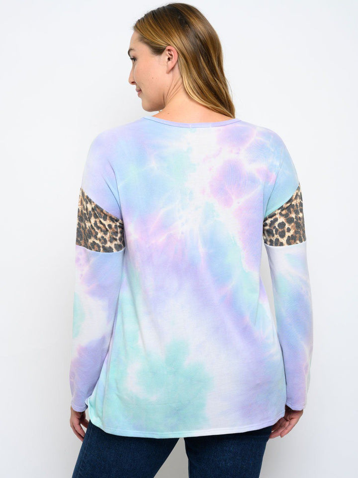 PLUS SIZE TIE DYE ANIMAL PRINT LONG SLEEVE TOP