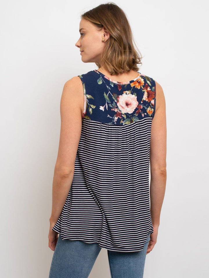 WOMEN'S SLEEVELESS TUNIC FLORAL PIN STRIPES TOP