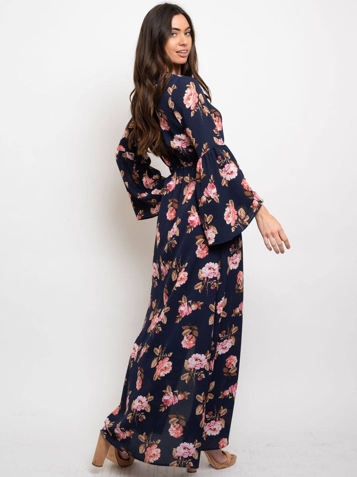 WOMEN'S FLORAL BUBBLE CREPE LONG BELL SLEEVES LACE UP MAXI DRESS