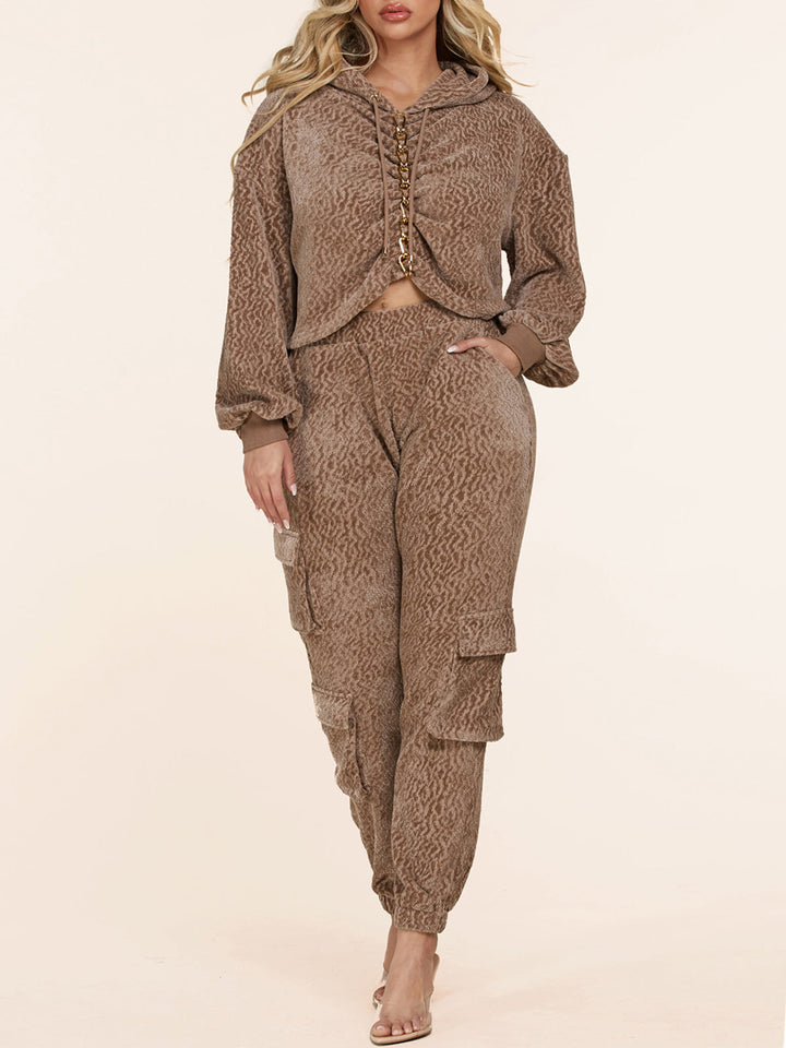 WOMEN'S LONG SLEEVE HOODIE & CARGO PANTS CHAIN DETAILED SET
