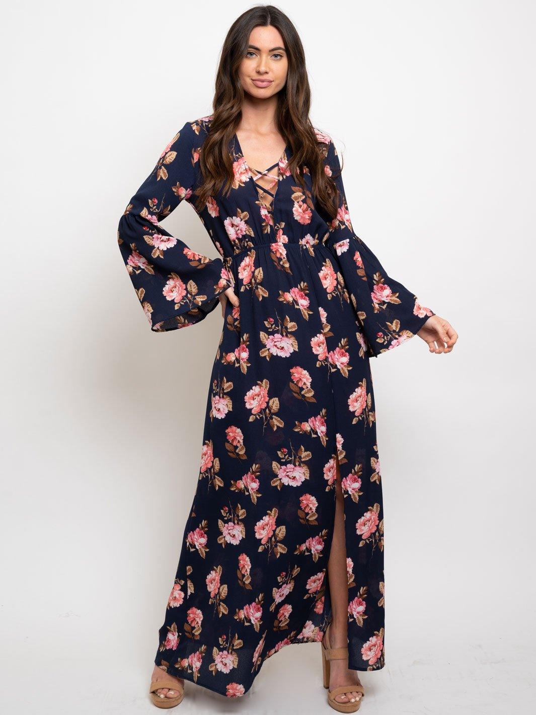 WOMEN'S FLORAL BUBBLE CREPE LONG BELL SLEEVES LACE UP MAXI DRESS
