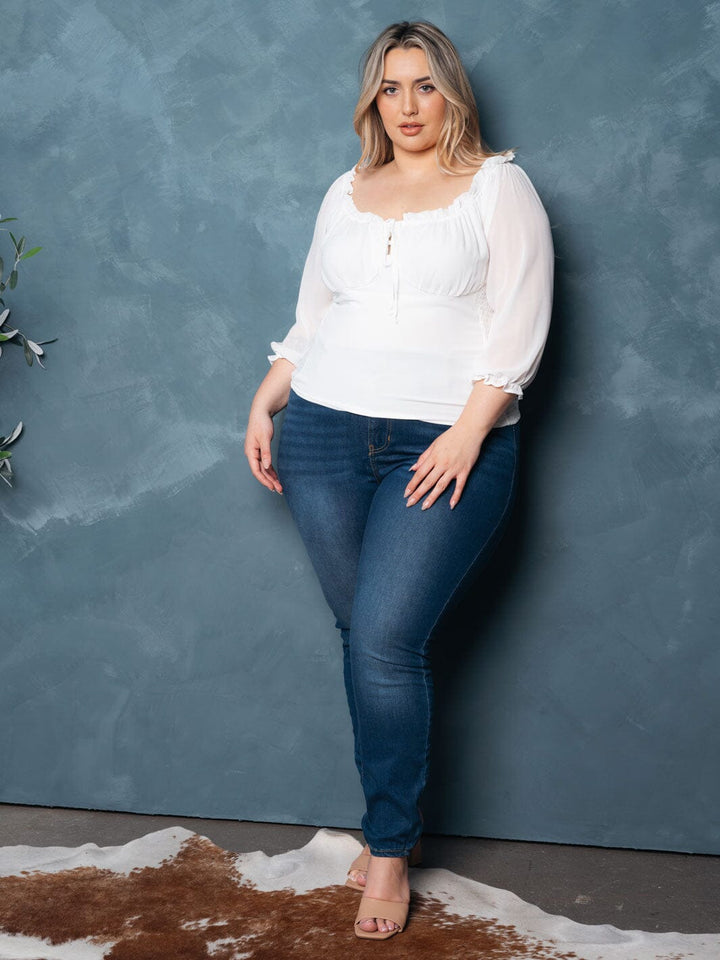 PLUS SIZE 3/4 SLEEVE SMOCK FRONT TIE TOP