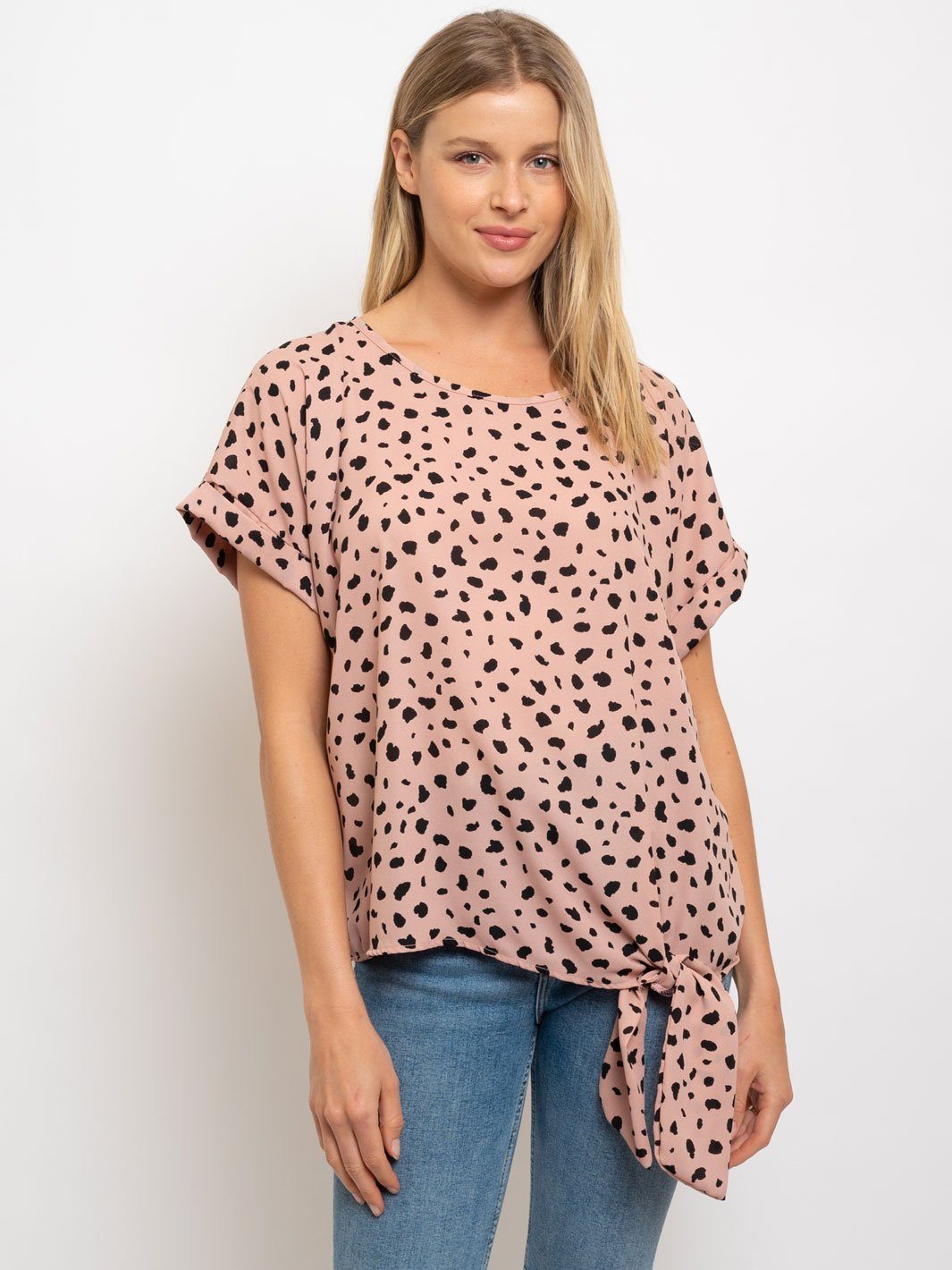 WOMEN'S ANIMAL PRINT SIDE TIE SHORT SLEEVE TOP