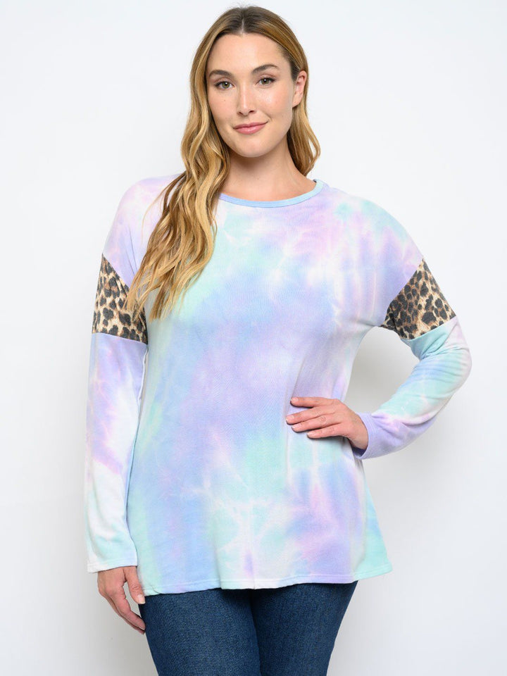 PLUS SIZE TIE DYE ANIMAL PRINT LONG SLEEVE TOP