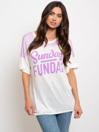 WOMEN'S COLOR BLOCK "SUNDAY FUNDAY" GRAPHIC TOP