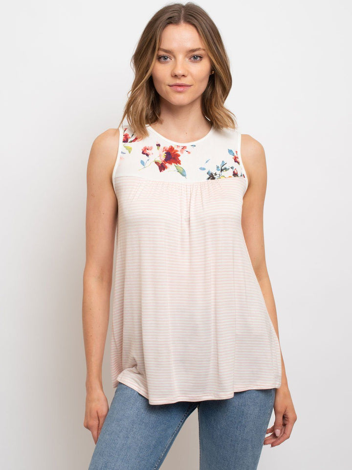 WOMEN'S SLEEVELESS TUNIC FLORAL PIN STRIPES TOP