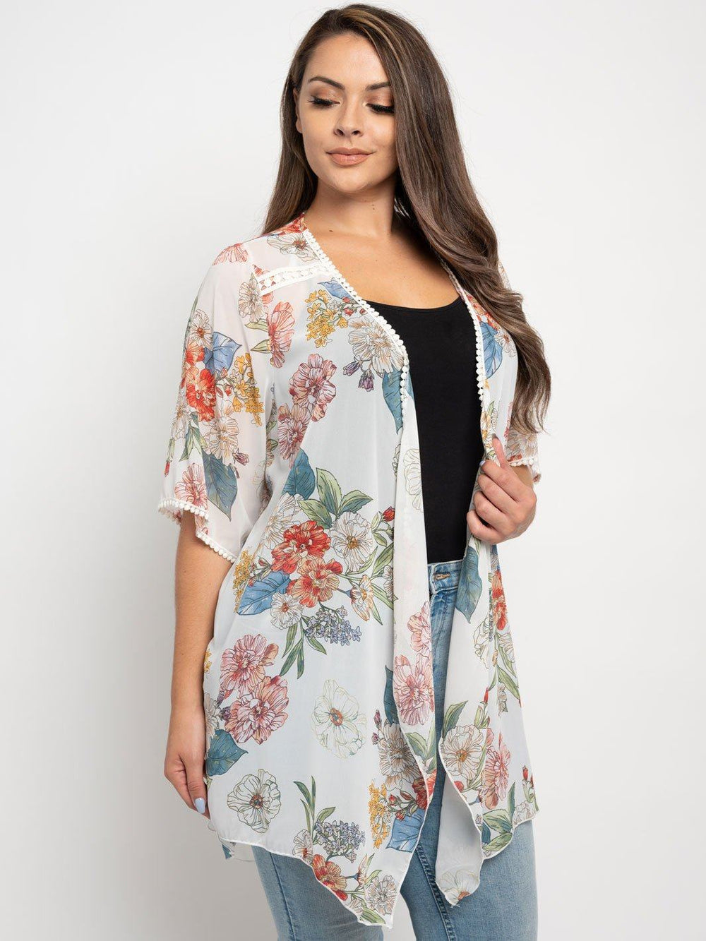 PLUS SIZE FLORAL SHORT SLEEVE KIMONO