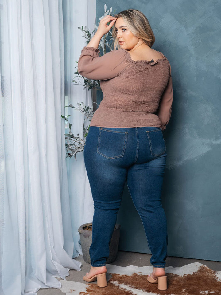 PLUS SIZE 3/4 SLEEVE SMOCK FRONT TIE TOP