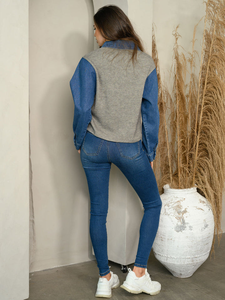 WOMEN'S LONG SLEEVE COLORBLOCK COLLAR TOP