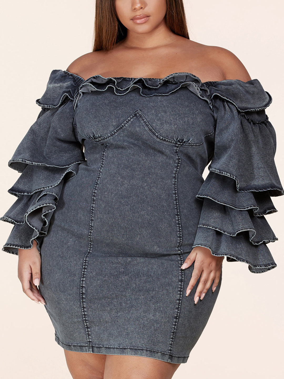 PLUS SIZE LONG RUFFLE SLEEVE DENIM BODYCON MINI DRESS