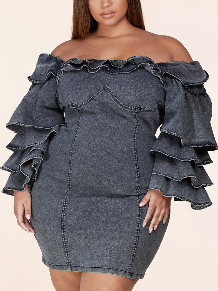 PLUS SIZE LONG RUFFLE SLEEVE DENIM BODYCON MINI DRESS