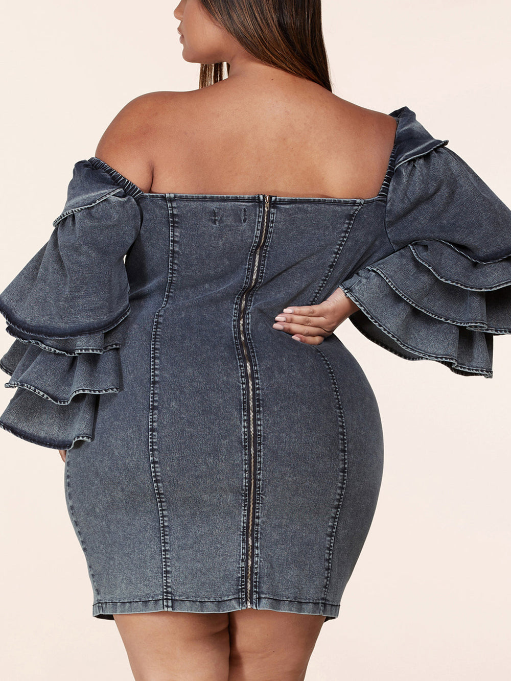 PLUS SIZE LONG RUFFLE SLEEVE DENIM BODYCON MINI DRESS