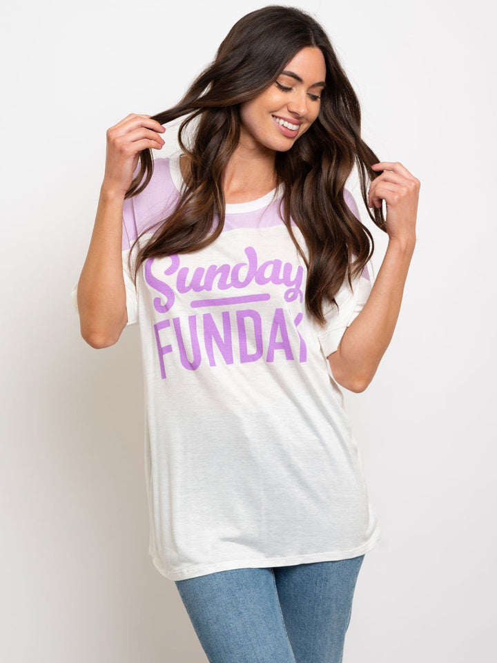 WOMEN'S COLOR BLOCK "SUNDAY FUNDAY" GRAPHIC TOP