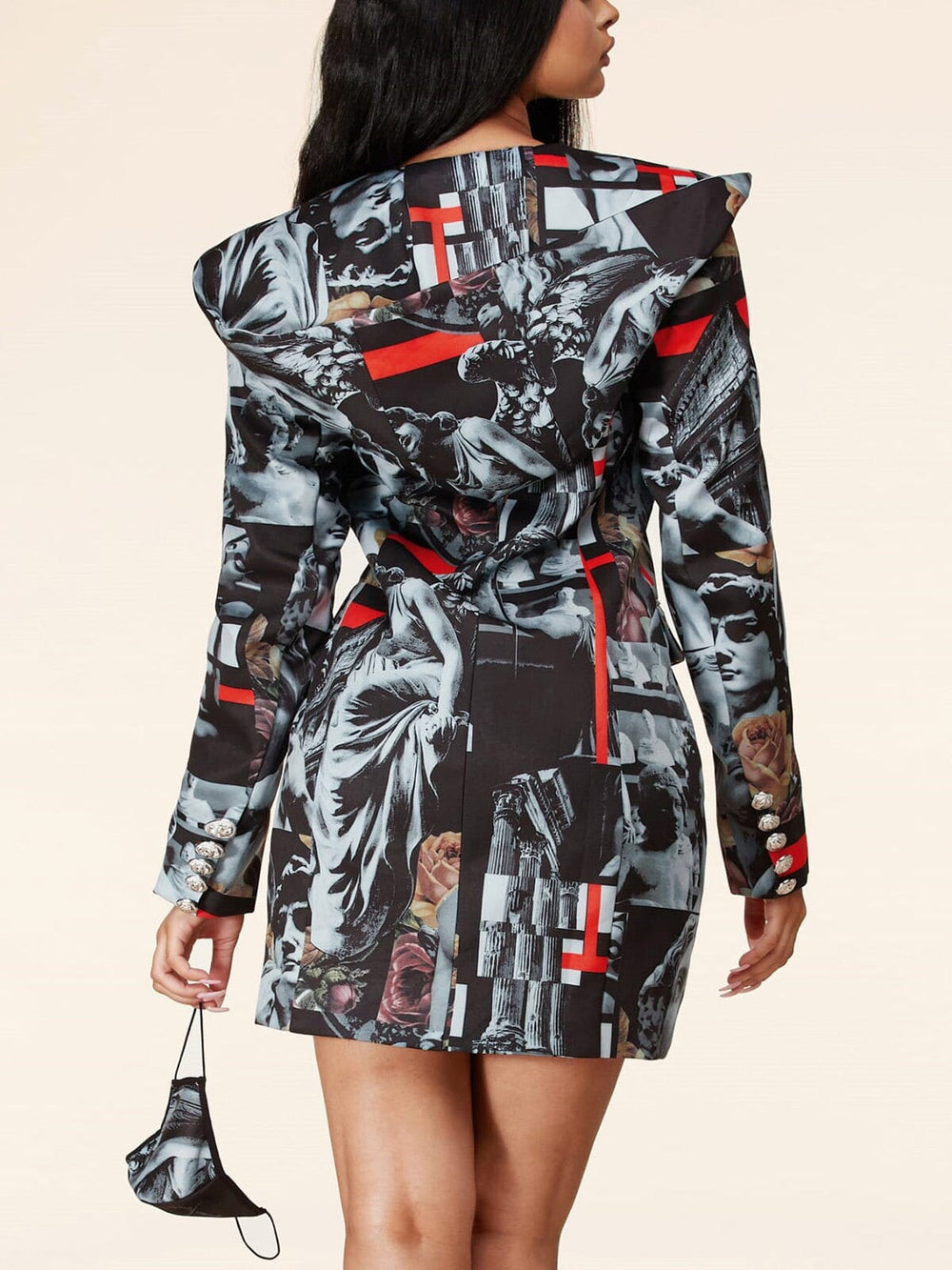 WOMEN'S LONG SLEEVE BUTTON UP ARTWORK PRINT HOODED MINI DRESS