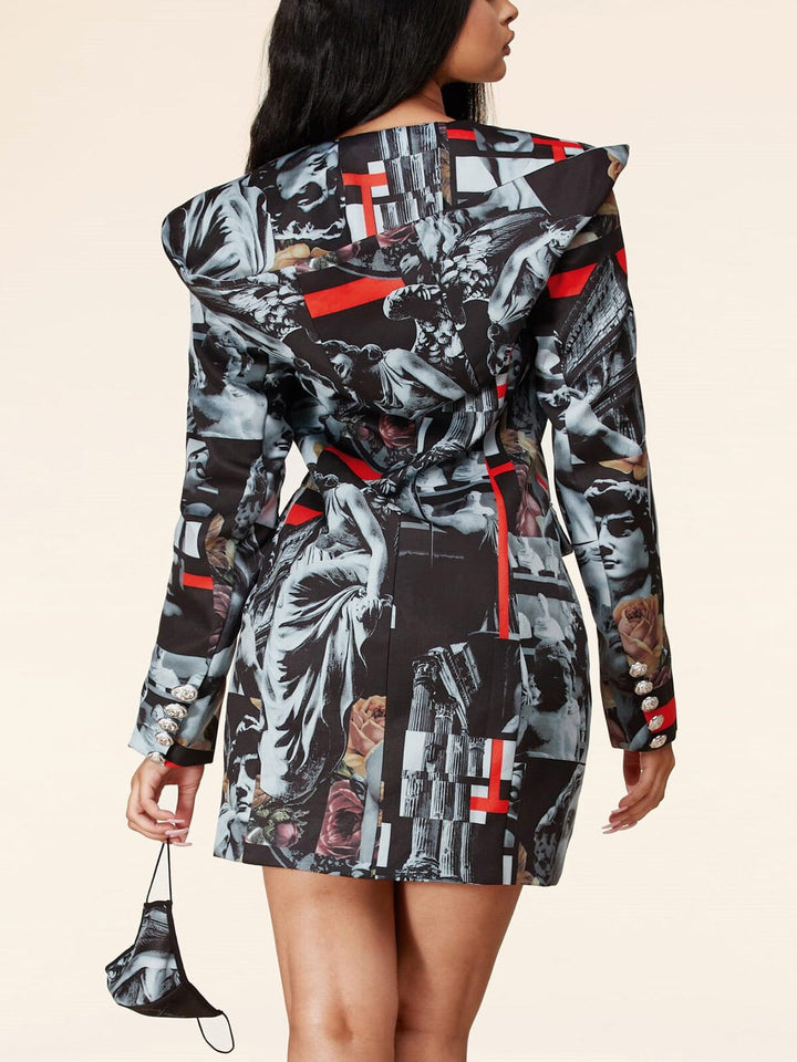 WOMEN'S LONG SLEEVE BUTTON UP ARTWORK PRINT HOODED MINI DRESS