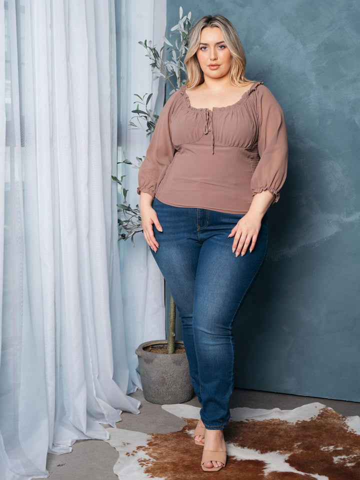 PLUS SIZE 3/4 SLEEVE SMOCK FRONT TIE TOP
