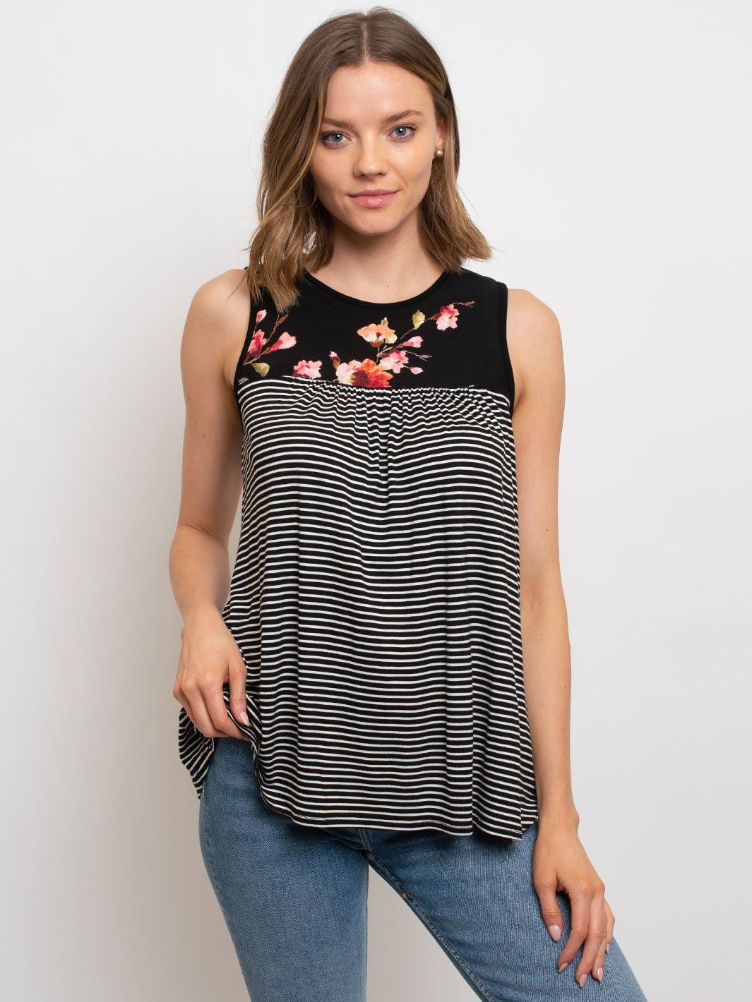 WOMEN'S SLEEVELESS TUNIC FLORAL PIN STRIPES TOP