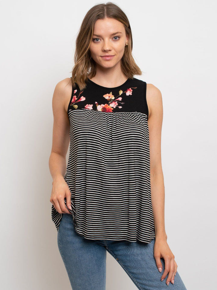 WOMEN'S SLEEVELESS TUNIC FLORAL PIN STRIPES TOP
