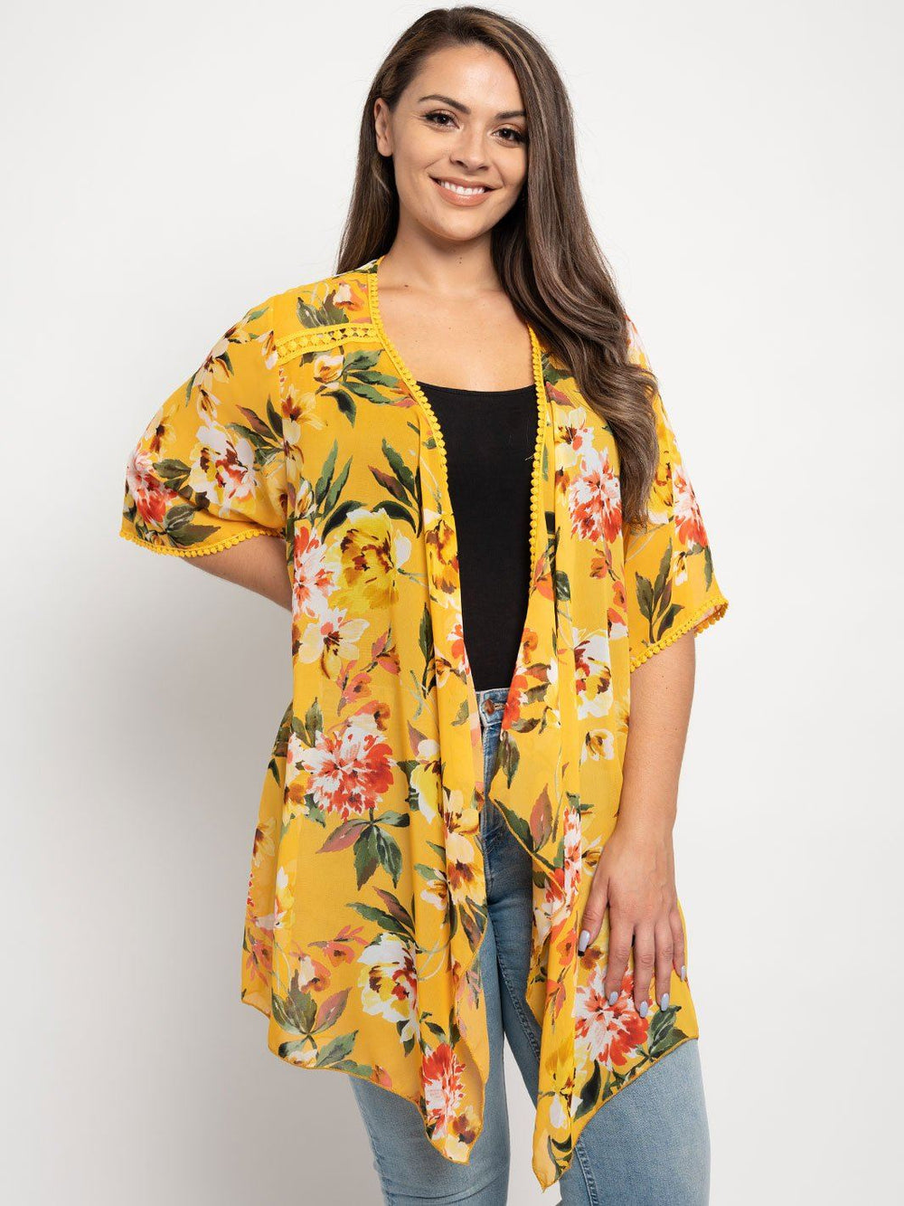 PLUS SIZE MUSTARD FLORAL PRINT KIMONO
