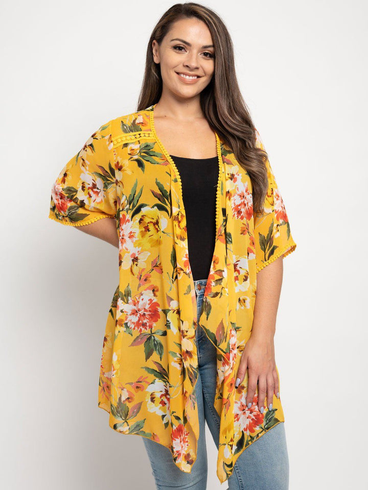 PLUS SIZE MUSTARD FLORAL PRINT KIMONO