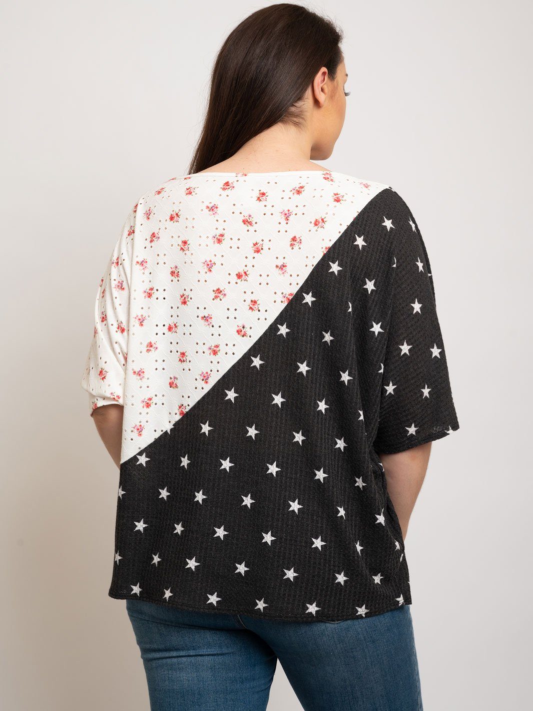 PLUS SIZE FLORAL COLOR BLOCK TOP