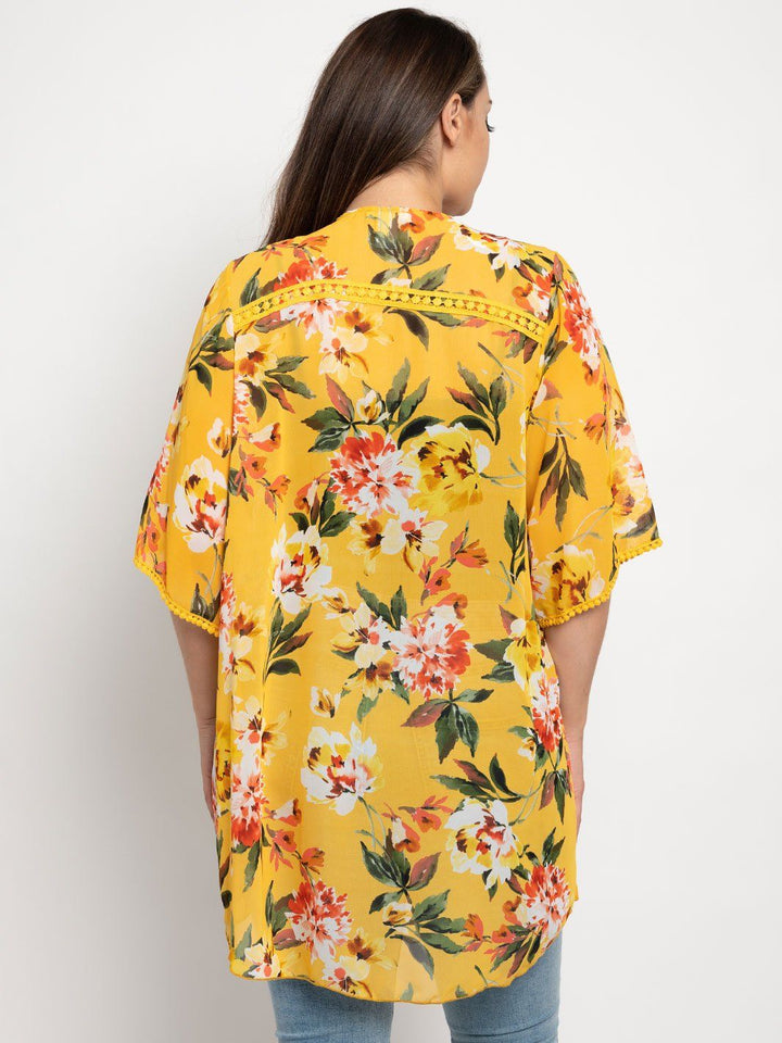 PLUS SIZE MUSTARD FLORAL PRINT KIMONO