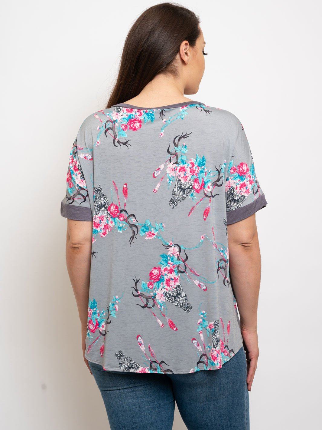 PLUS SIZE FRONT KNOT MULTI PRINT TOP