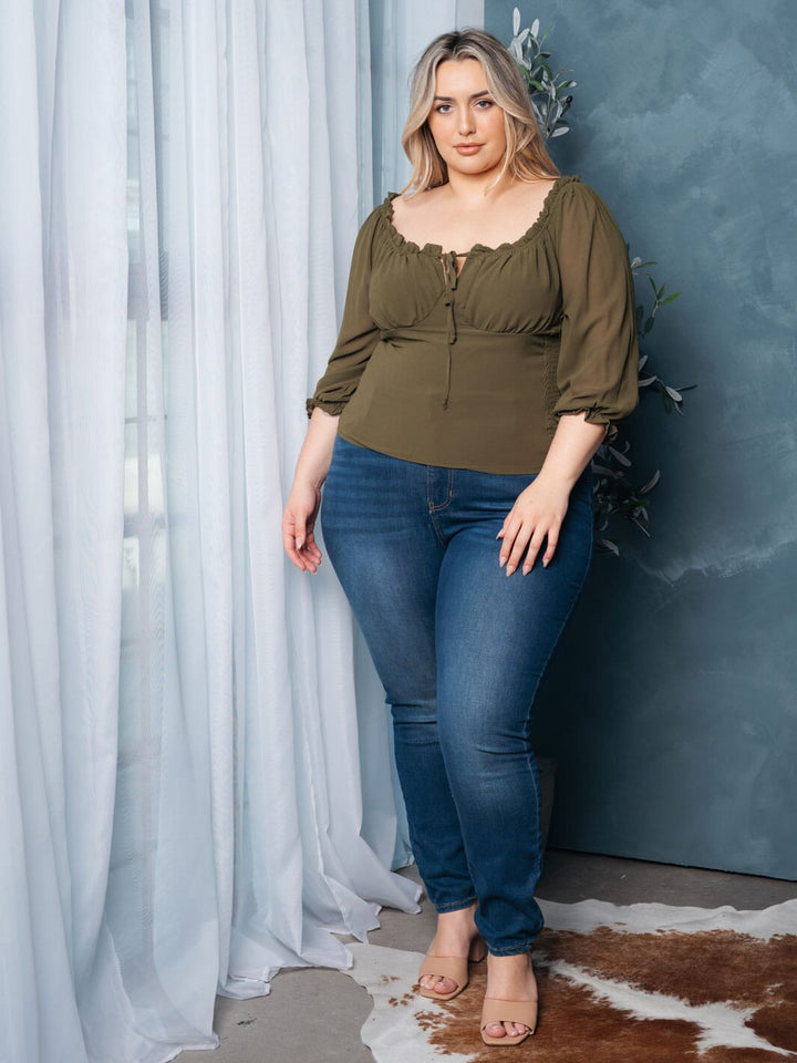 PLUS SIZE 3/4 SLEEVE SMOCK FRONT TIE TOP